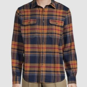 George Men's Plaid Casual Button Down Shirt - Navy and Mustard‎